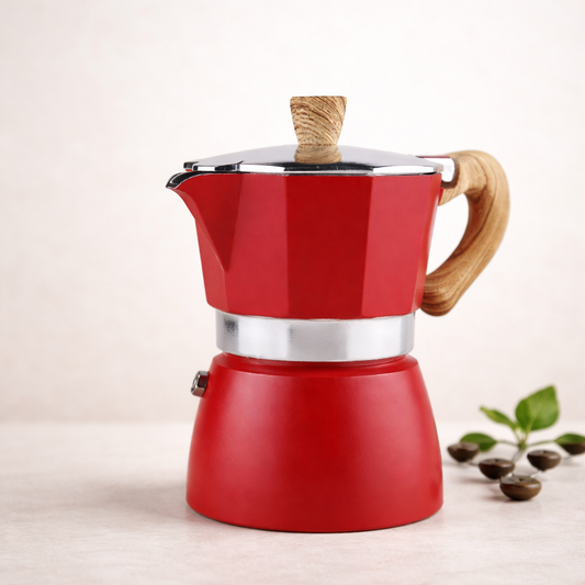 Cafetière, italienne, rouge sur plan de travail