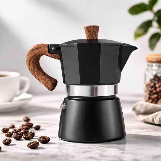 Cafetière italienne sur plan de travail noir